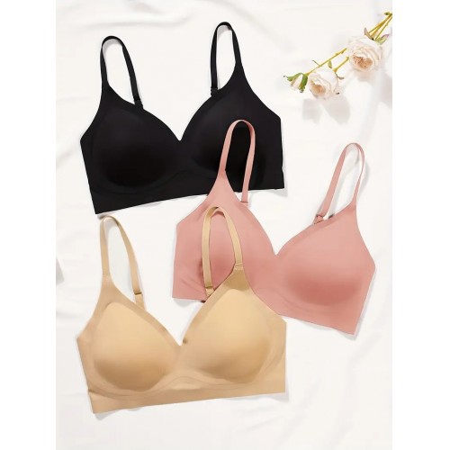 3pcs Seamless Solid Wireless Bras, Comfy & Breathable Push Up Intimates Bra, Women&#039;s Lingerie & Underwear