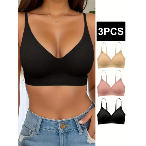 3pcs Seamless Solid Wireless Bras, Comfy & Breathable Push Up Intimates Bra, Women&#039;s Lingerie & Underwear