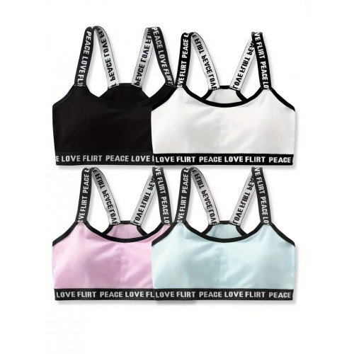 4pcs Girl&#039;s Sports Bra, Multiple Colors Underwear, Letter Print Shoulder Strap, Breathable Comfy Soft Bralette For Students Teens 7-14 Years Old