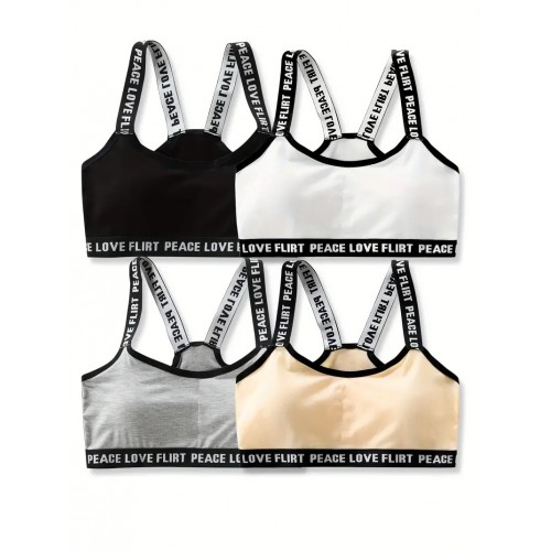 4pcs Girl&#039;s Sports Bra, Multiple Colors Underwear, Letter Print Shoulder Strap, Breathable Comfy Soft Bralette For Students Teens 7-14 Years Old
