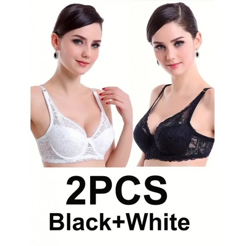 2pcs Floral Lace Push Up Bras, Comfy & Breathable Bow Tie Intimates Bra, Women&#039;s Lingerie & Underwear