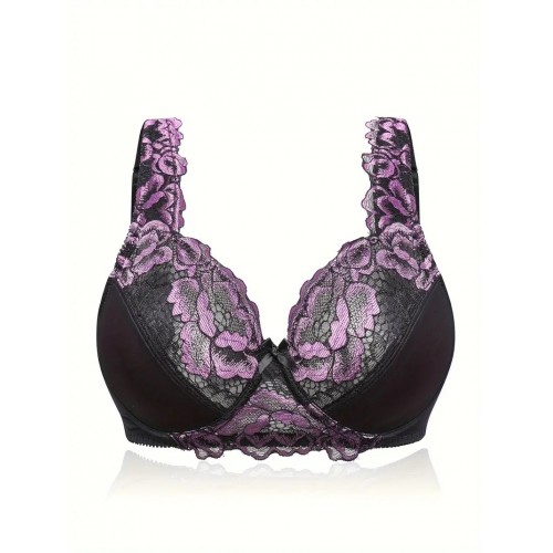 3 Pack Plus Size Sexy Bra Set, Women&#039;s Plus Floral Embroidered E Cup Non Padded Underwire Lace Bra 3pcs Set