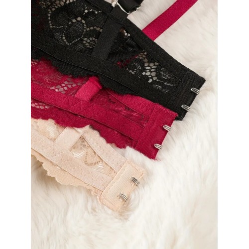 3pcs Simple Solid Contrast Lace Bra, Comfy & Breathable Push Up Bra, Women&#039;s Lingerie & Underwear