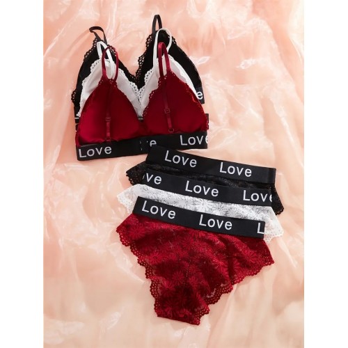 3 Sets Contrast Lace Bra & Panties, Scallop Trim Bra & Letter Tape Panties Lingerie Set, Women&#039;s Lingerie & Underwear
