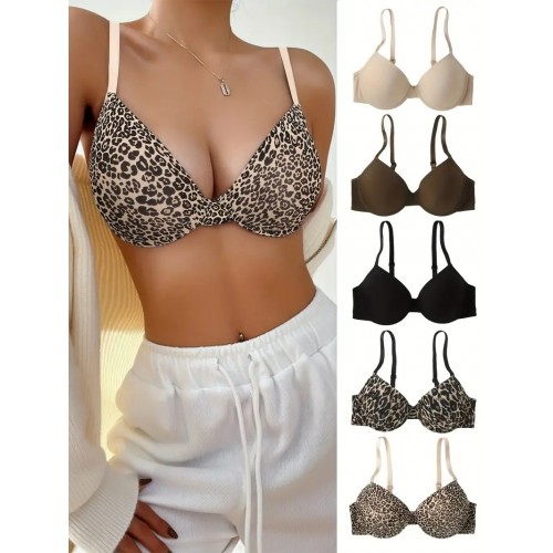 Adult Lingerie: Comfortable 5pcs Leopard & Solid T-Shirt Bras with Push-up Effect, Breathable Knit Fabric & Easy Hand Wash, Romantic Bundle for Women
