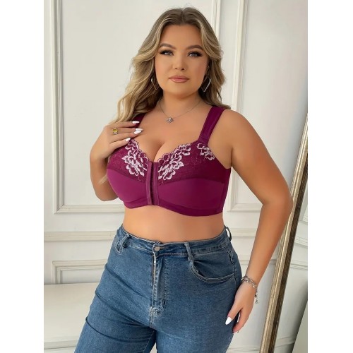 Comfortable Wireless Plus Size Bra: Elegant Front-Close Floral Embroidery, Alluring Cross-Strap Back, Hand-Washable, With Comfort-Fit