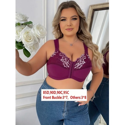 Comfortable Wireless Plus Size Bra: Elegant Front-Close Floral Embroidery, Alluring Cross-Strap Back, Hand-Washable, With Comfort-Fit