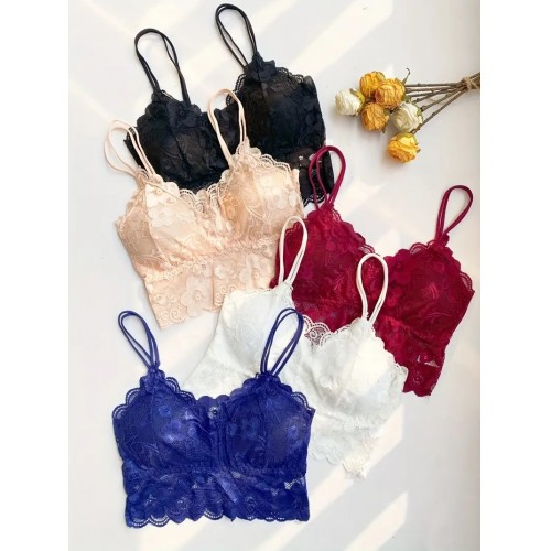 5-Pack Sexy Floral Lace Bralettes with Scallop Trim, Lightweight & Soft, Double Straps, Wireless Comfort, Removable Padding, Semi-Sheer, Hand Washable, Women&#039;s Lingerie & Underwear
