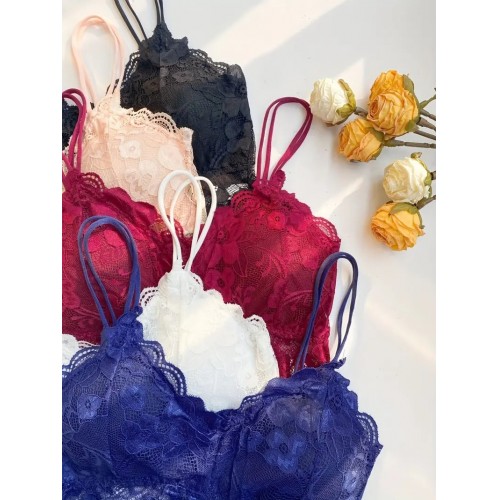 5-Pack Sexy Floral Lace Bralettes with Scallop Trim, Lightweight & Soft, Double Straps, Wireless Comfort, Removable Padding, Semi-Sheer, Hand Washable, Women&#039;s Lingerie & Underwear