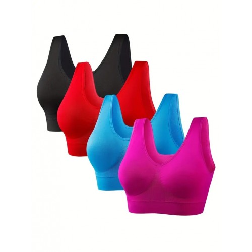 4-Pack Plus Size Breathable & Elegant Sports Bras for Women, Wireless Comfort & Support, Removable Padding, Medium Stretch Elastane & Nylon Material