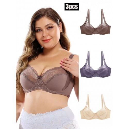 3 Pack Plus Size Sexy Bras Set, Women&#039;s Plus Contrast Lace Ultra-thin Breathable Underwire Bras 3pcs Set
