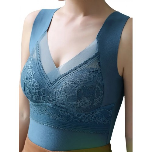 5pcs Lace Decor Thermal Tank Top For Fall & Winter, V-neck Warm Sleeveless Top With Wirefree Bra, Women&#039;s Activewear
